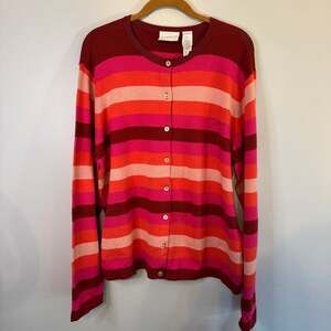 Liz Claiborne Lizsport Coral Clarity Striped Button-Up Cardigan Sweater XL